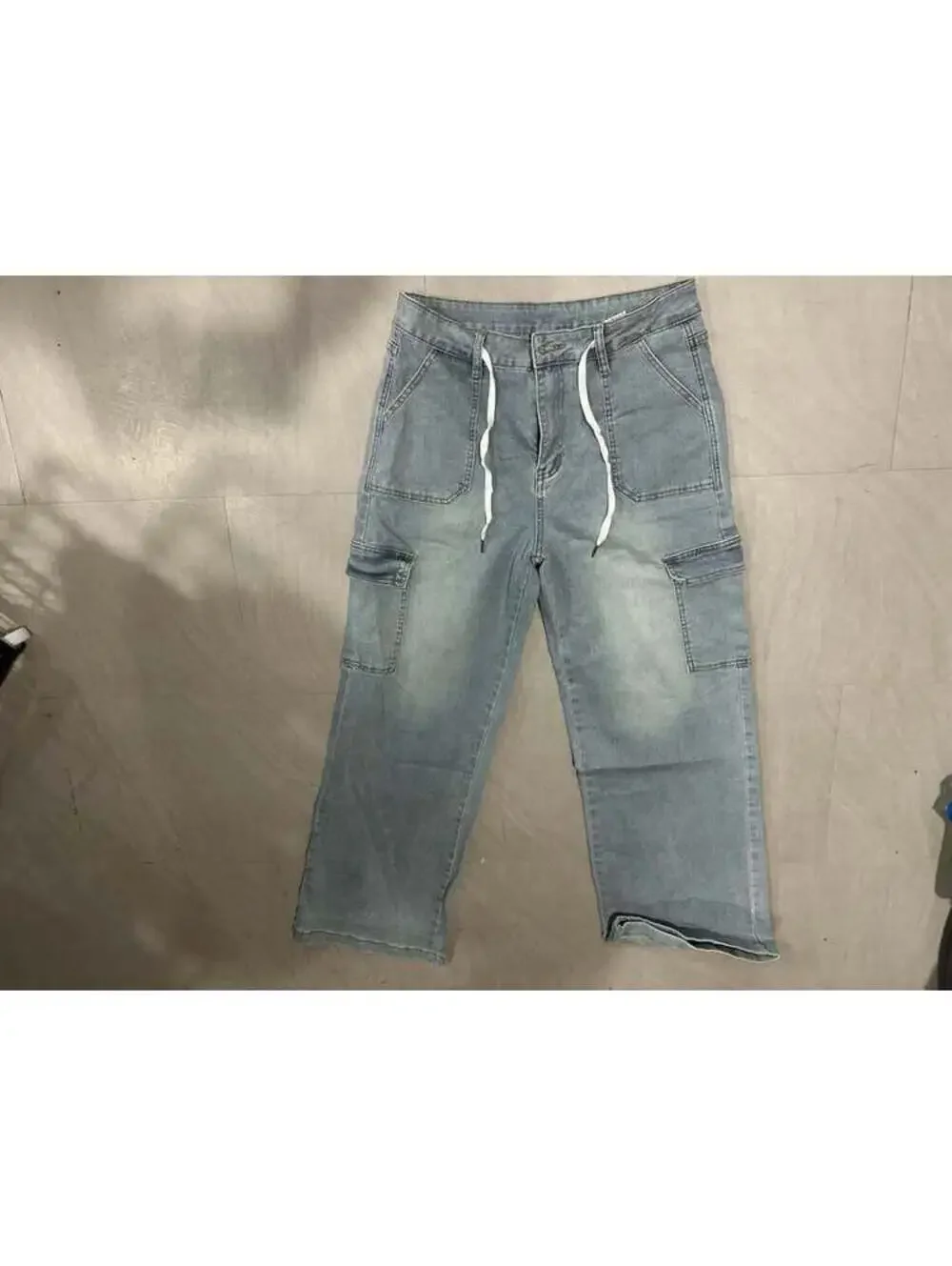 Light Wash Baggy Carpenter Cargo Jeans with Drawstring Waist